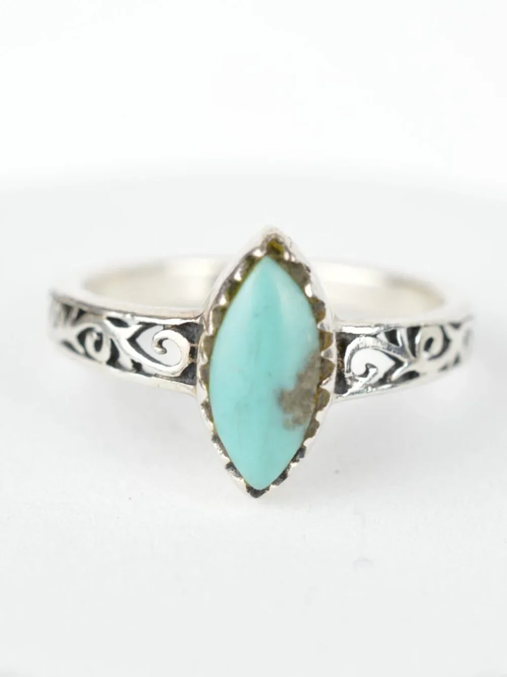 925 Sterling Silver Turquoise Ring Size 4.75 Marquise Boho Filigree Band 2g